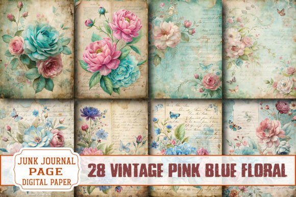 Vintage Pink Blue Floral Journal Papers